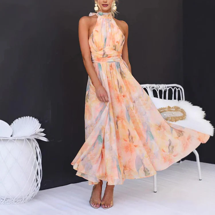 Vacation Style Sleeveless Printed Backless Dress - Image 4