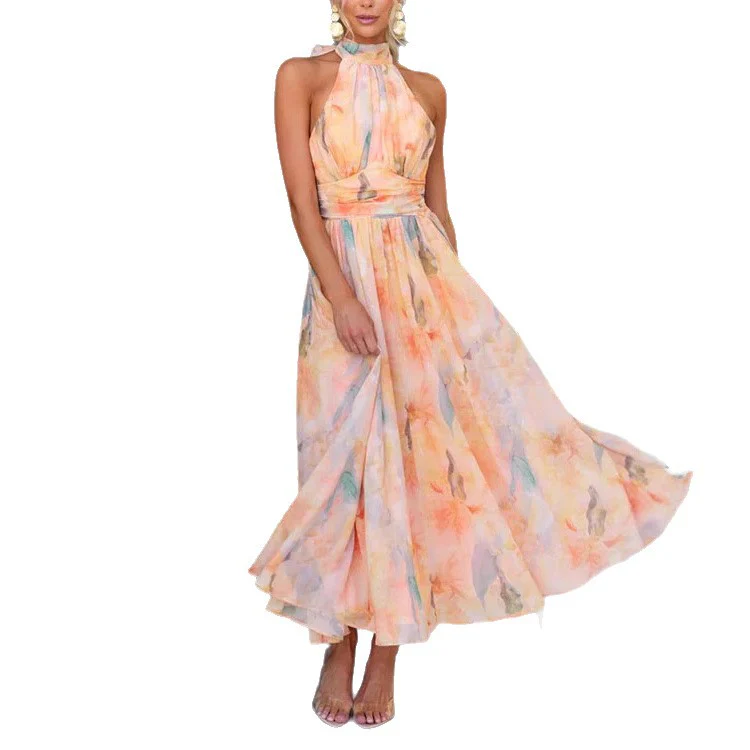 Vacation Style Sleeveless Printed Backless Dress - Image 5