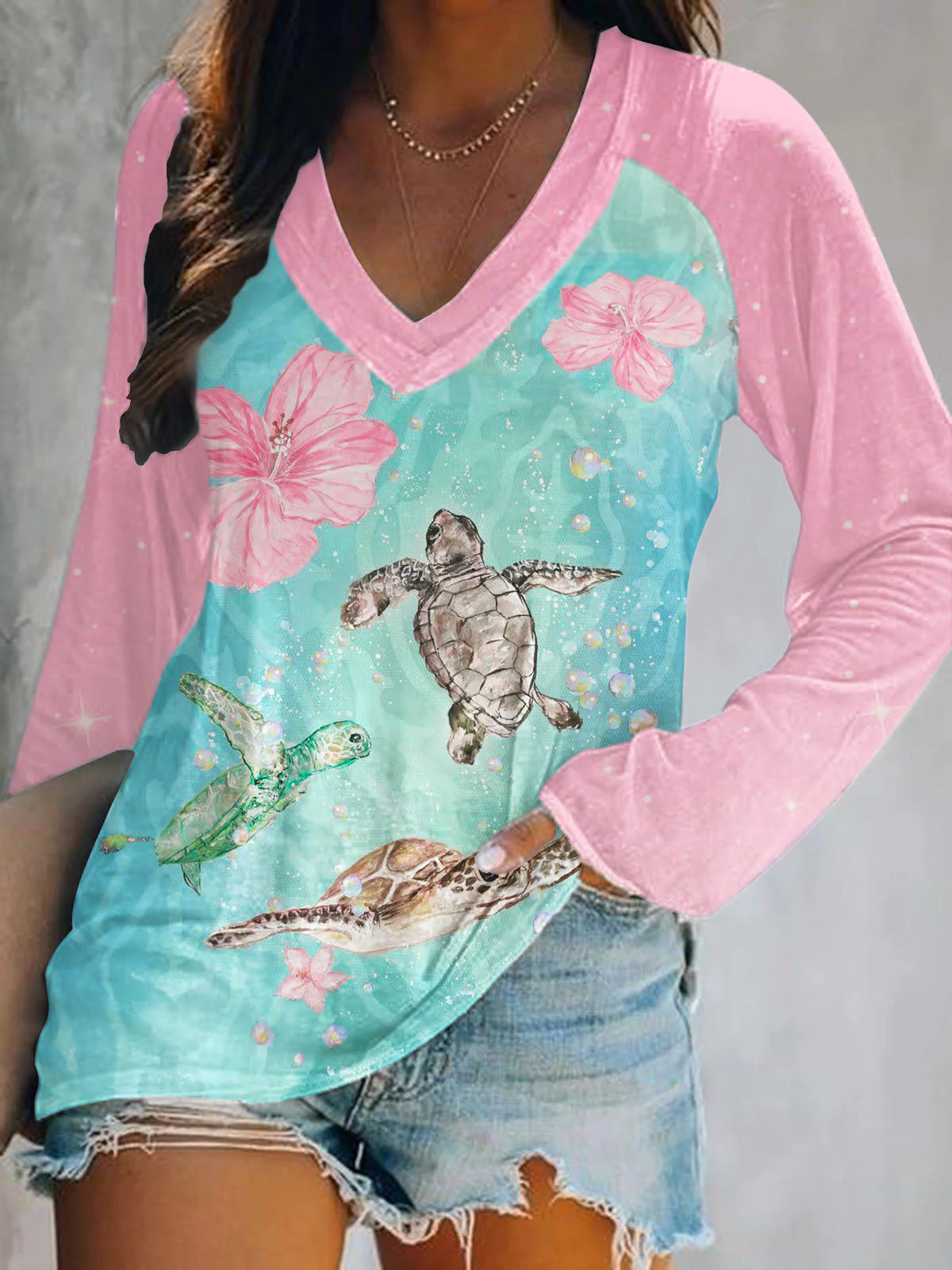 Vacation Turtle Art Print V-Neck Long Sleeve Top