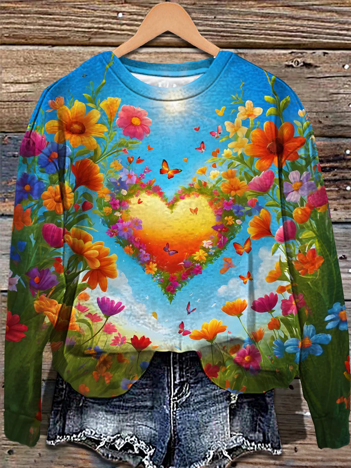 Valentine Heart Fantasy Flowers Printed Long Sleeve Casual Top