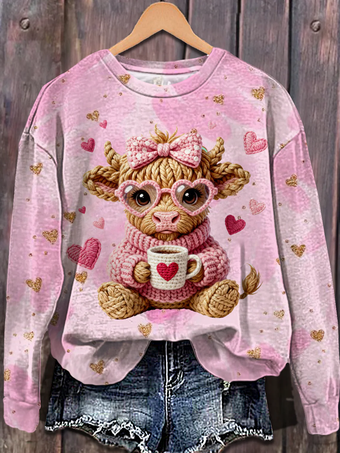 Valentine Highland Cow Printed Long Sleeve Casual Top