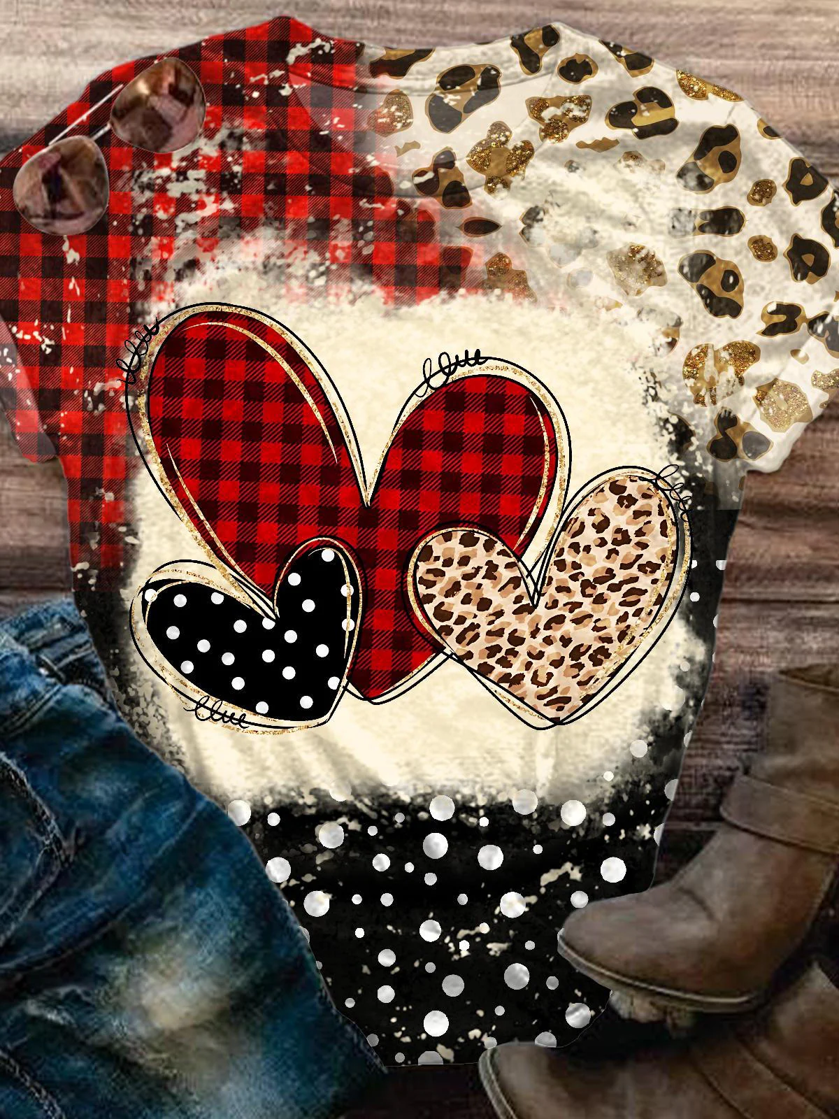 Valentine's Day Art Splicing Crew Neck T-shirt