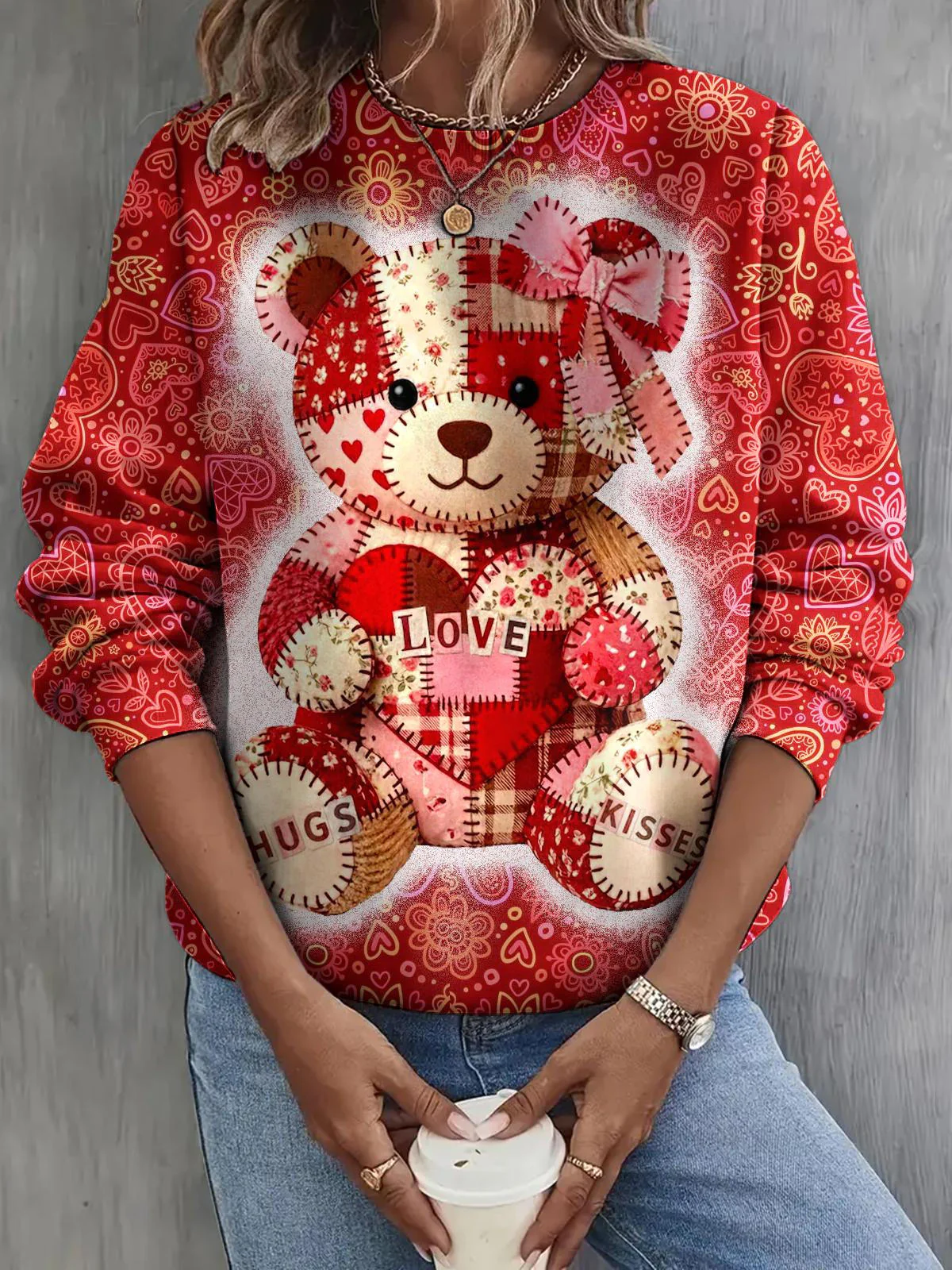 Valentine's Day Bear Print Long Sleeve Casual Top