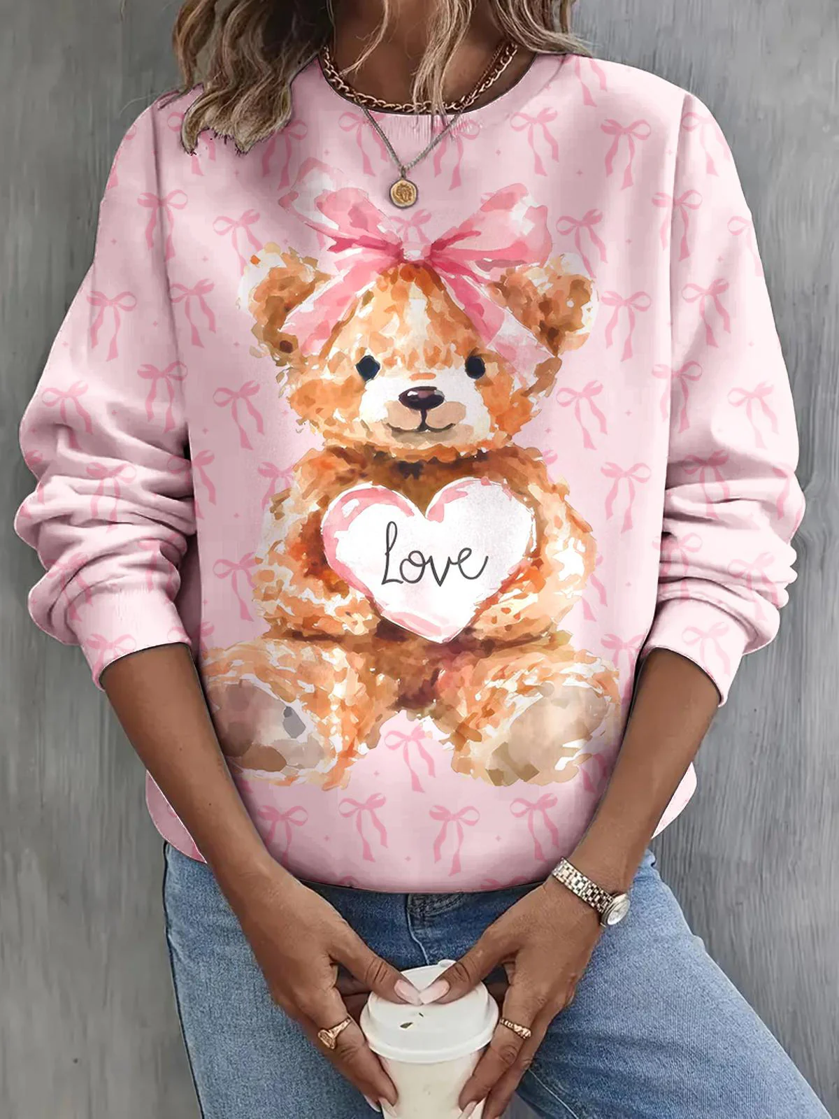 Valentine's Day Bear Print Long Sleeve Casual Top