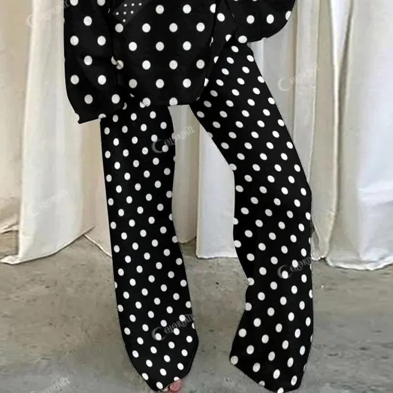 Valentine's Day Bow Pearl Love Letter Polka Dot Color Block Loungewear Set For Women - Image 4