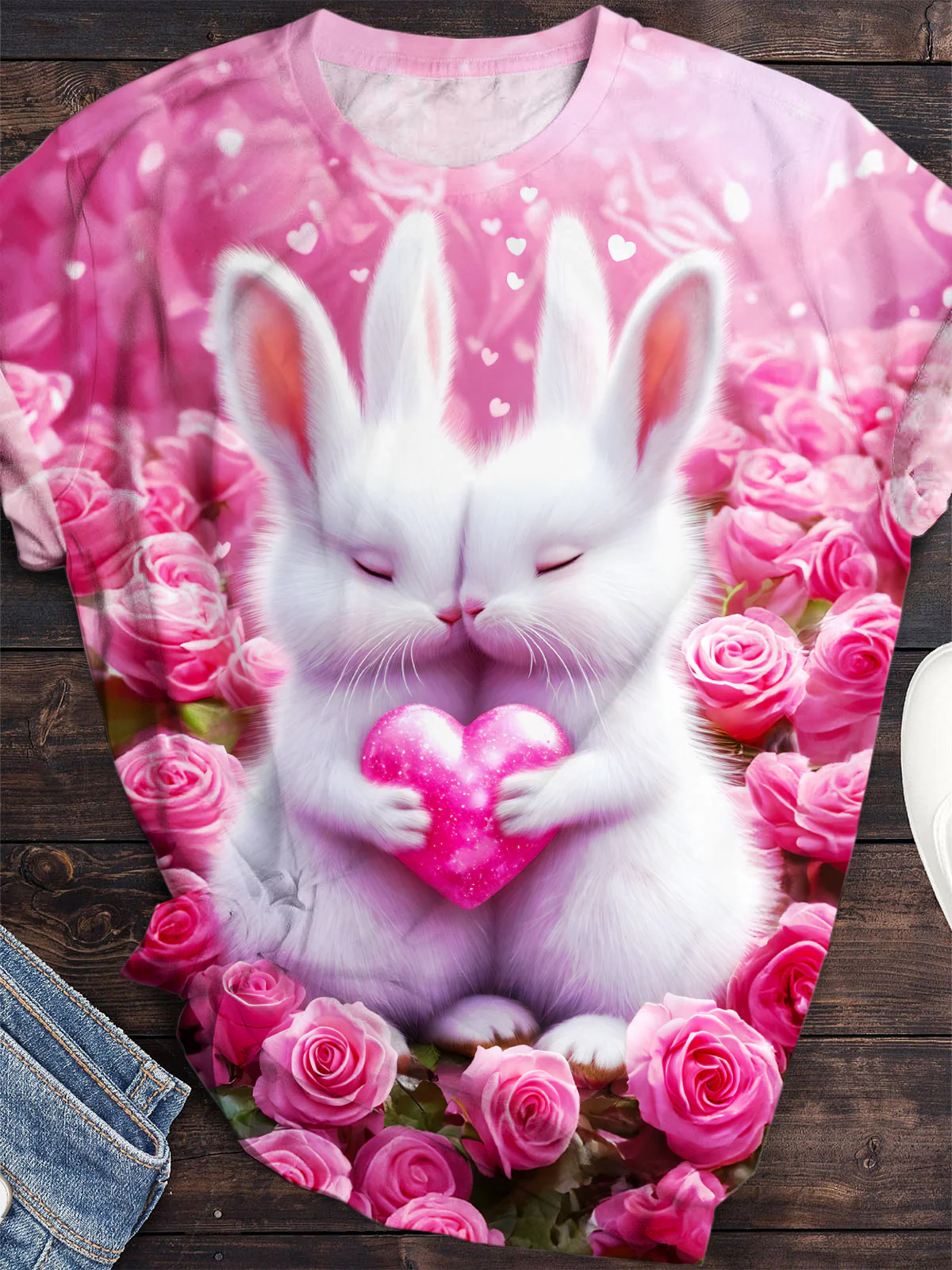 Valentine's Day Bunny Print Print Crew Neck T-Shirt