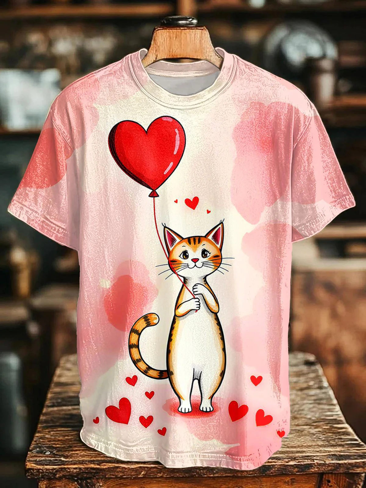 Valentine's Day Cat And Heart Print Crew Neck T-shirt