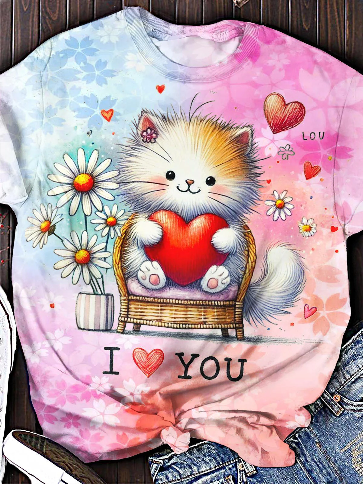 Valentine's Day Cat Printed Crew Neck T-shirt