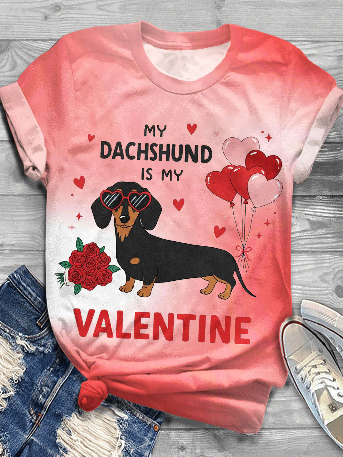 Valentine's Day Fun Sausage Dog Crew Neck T-shirt