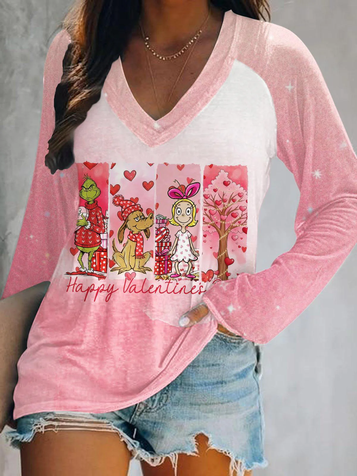 Valentine's Day Grinch Print V-Neck Long Sleeve Top
