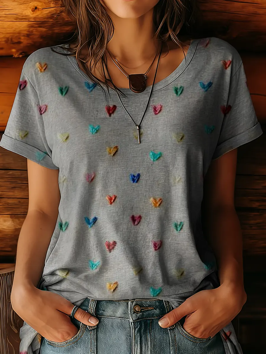 Valentine's Day Heart Art Print Crew Neck Cotton T-Shirt