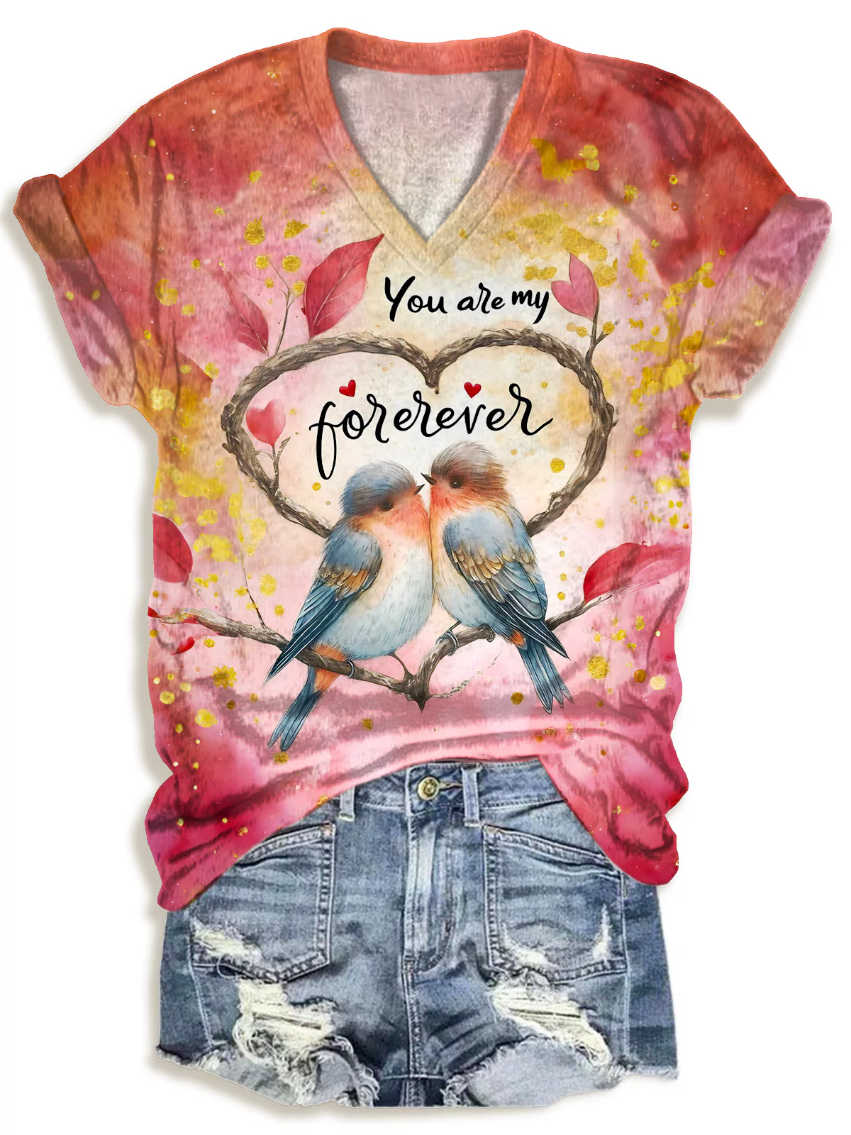 Valentine's Day Heart Print V-Neck T-Shirt