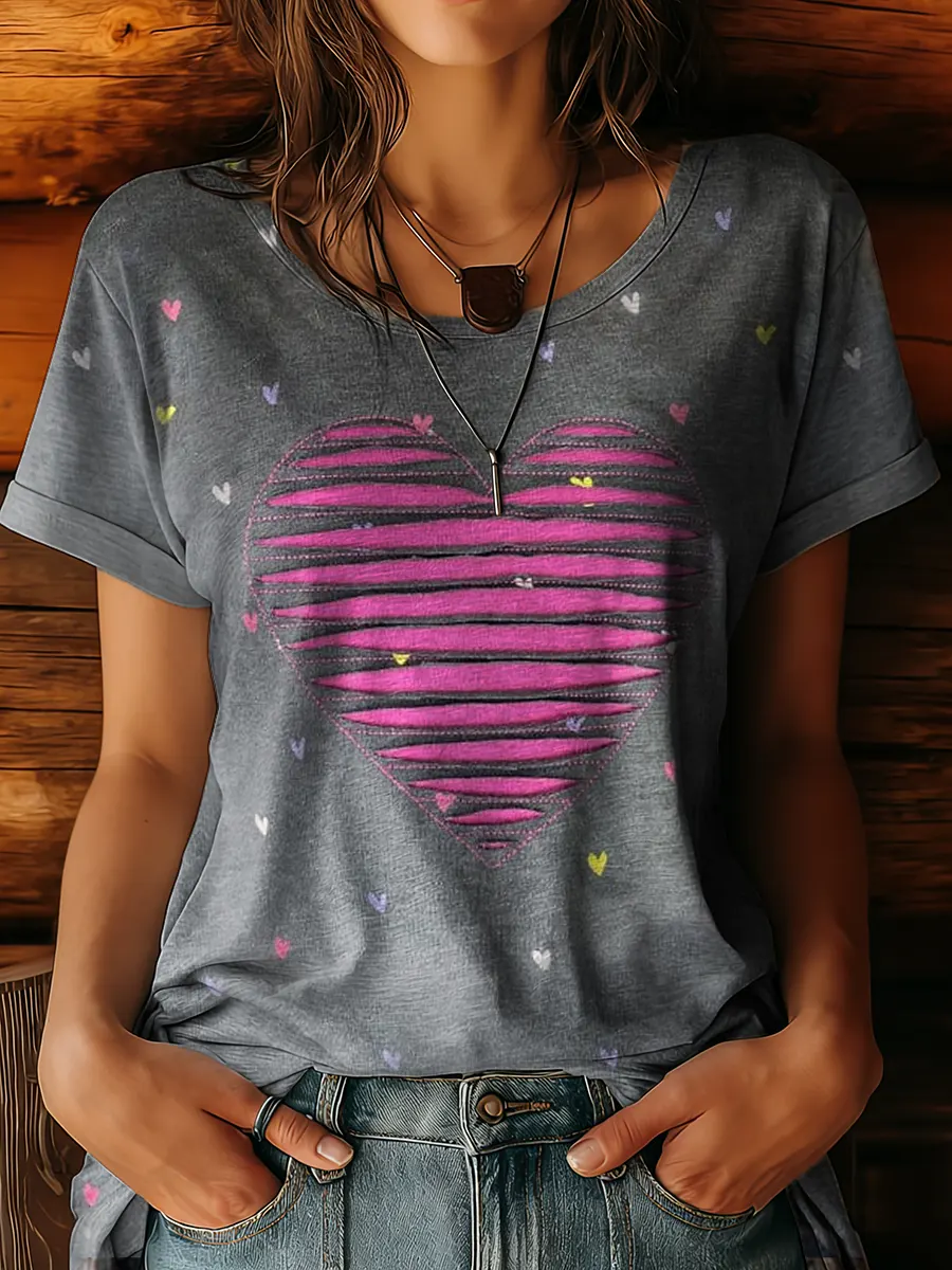 Valentine's Day Heart-Shaped Art Print Crew Neck Cotton T-Shirt