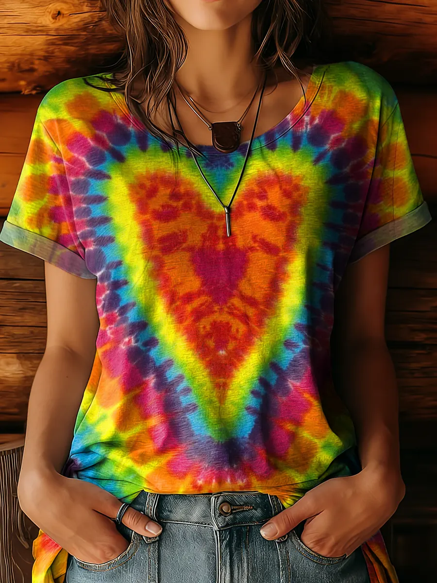 Valentine's Day Heart Tie-Dye Art Print Crew Neck Cotton T-Shirt