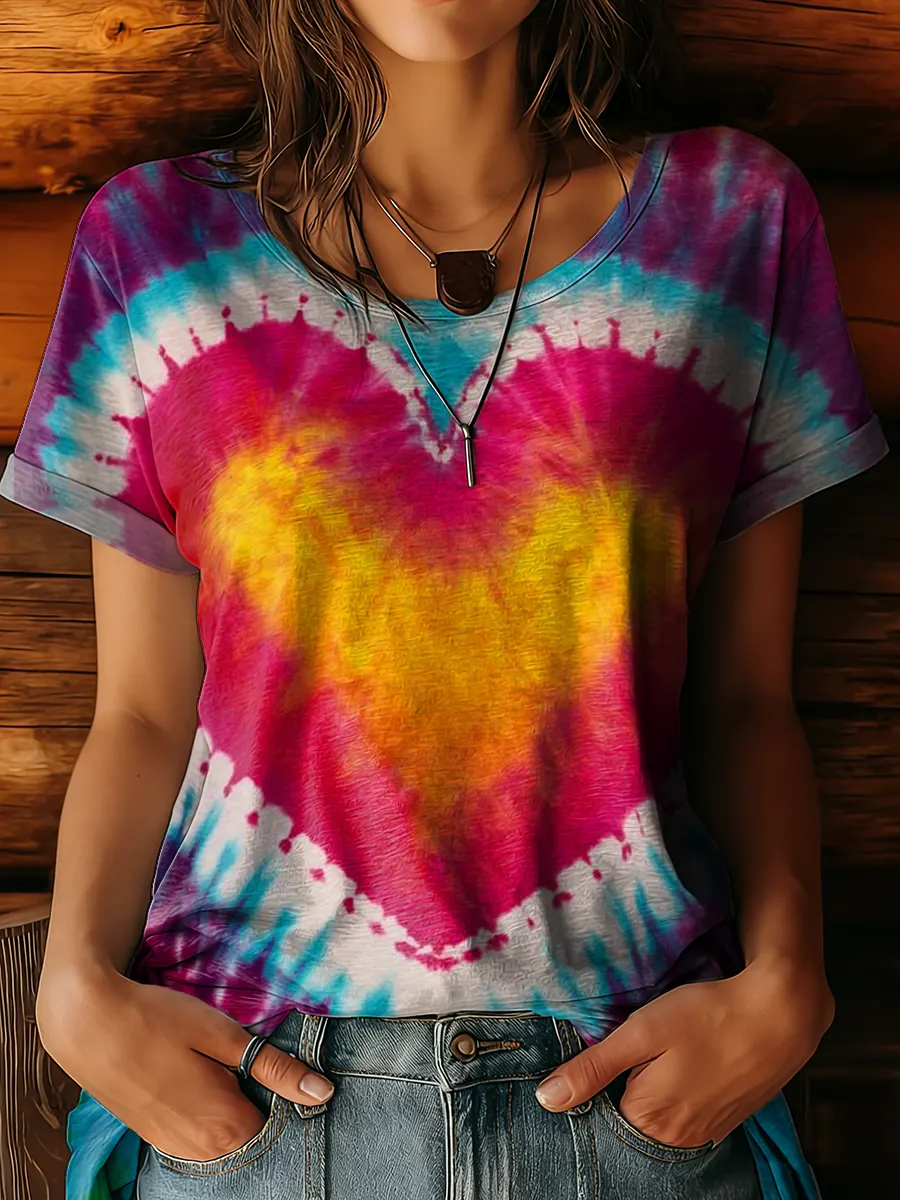 Valentine's Day Heart Tie-Dye Art Print Crew Neck Cotton T-Shirt