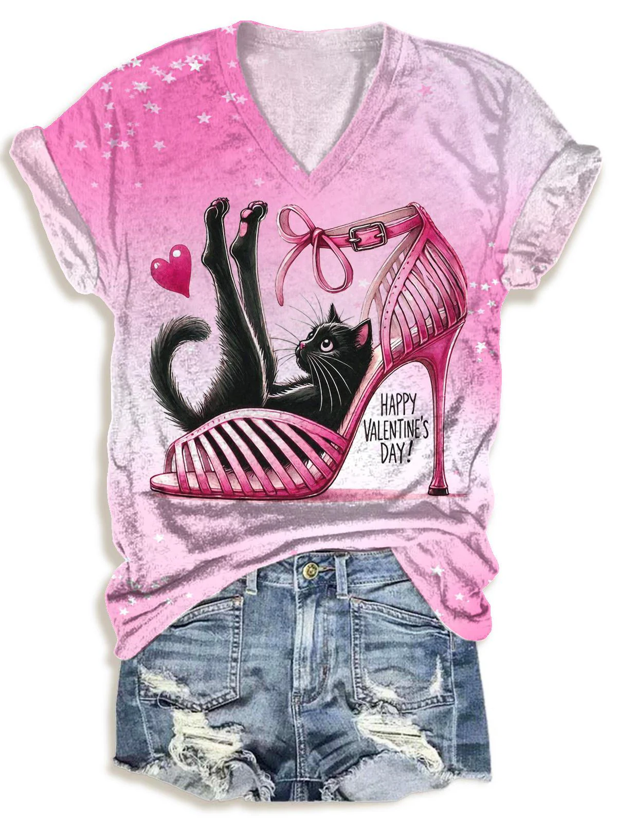 Valentine's Day High Heels Cat Print V-neck T-Shirt