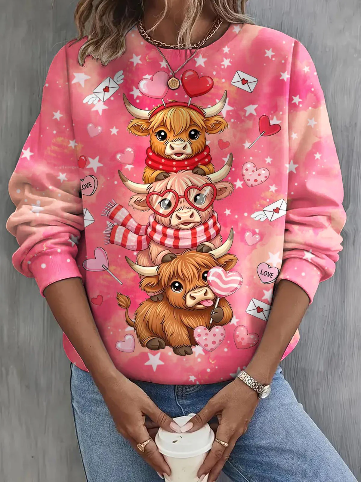 Valentine's Day Highland Cow Print Long Sleeve Casual Top