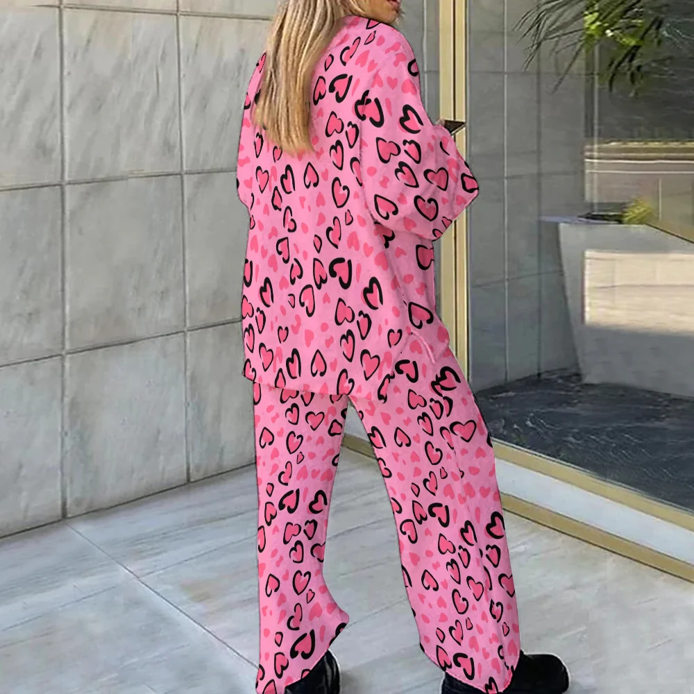 Valentine's Day Pink Heart Leopard Loungewear Set For Women - Image 2