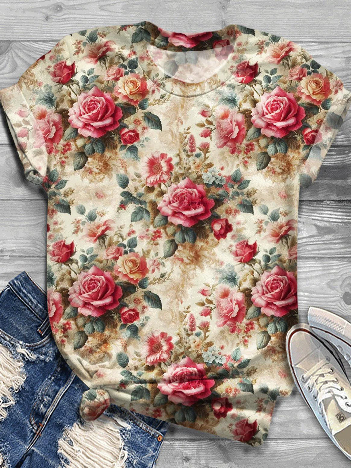 Valentine's Day Rose Print Crew Neck T-shirt