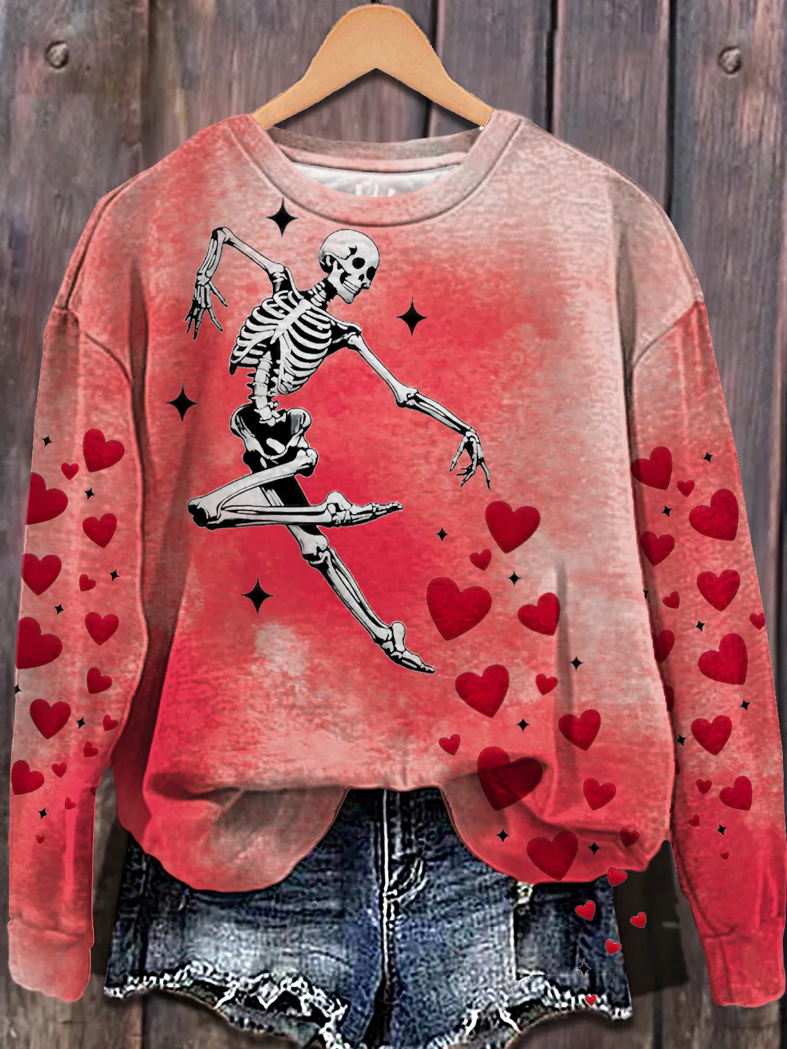 Valentines Day Skeleton Dance Printed Long Sleeve Casual Top