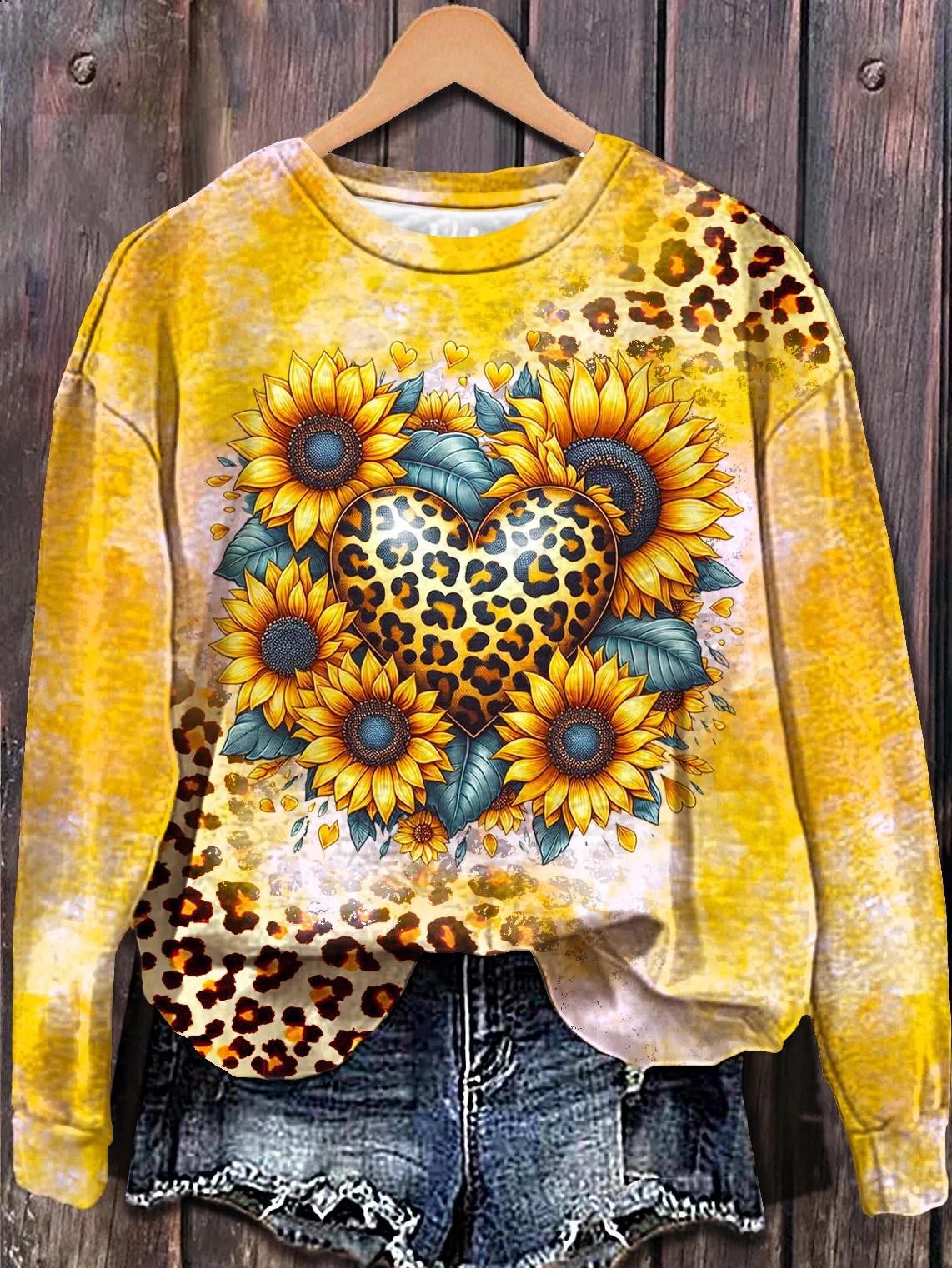 Valentine's Day Sunflower Leopard Print Long Sleeve Casual Top