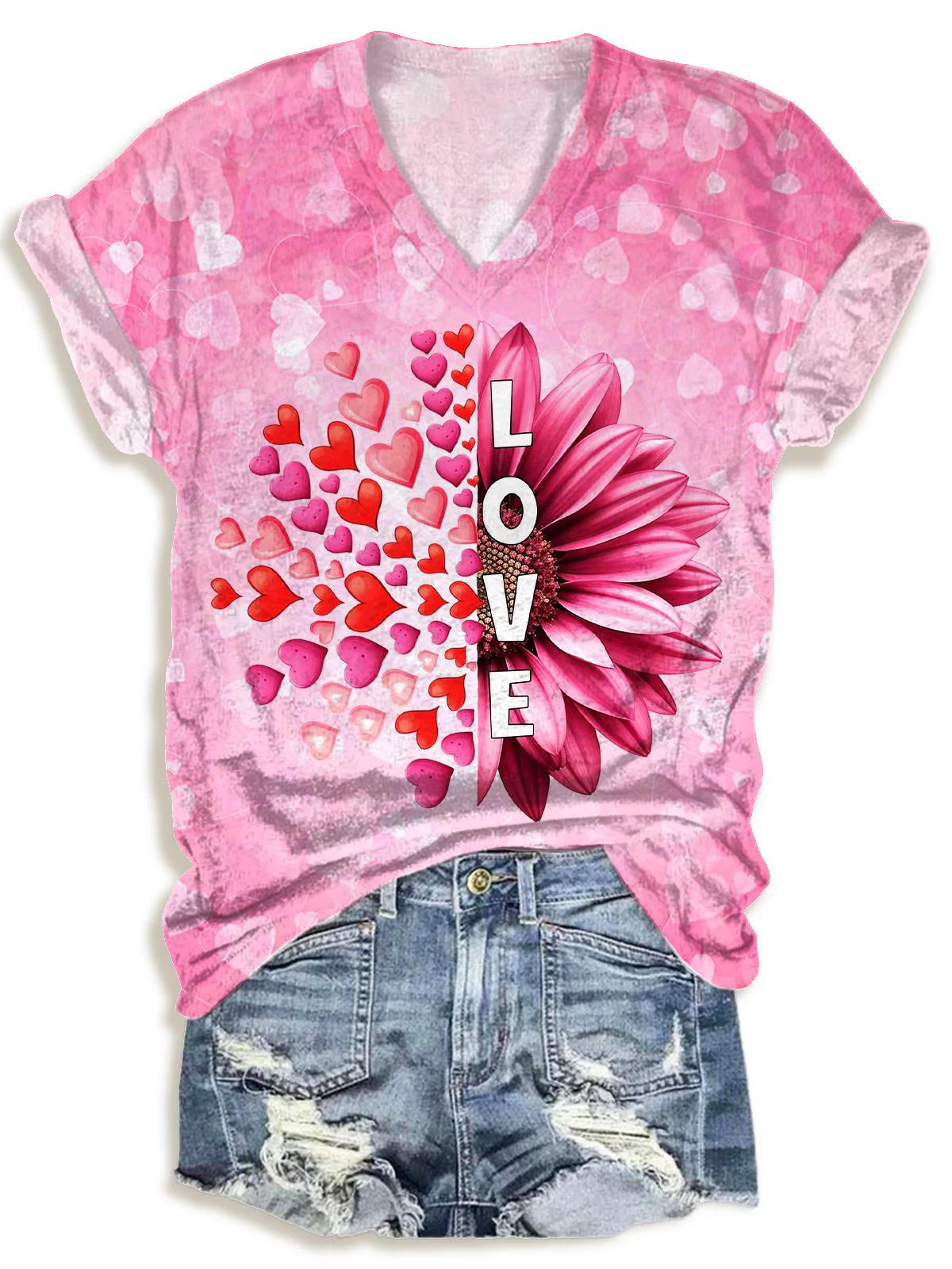Valentine's Day Sunflower Print V-neck T-Shirt