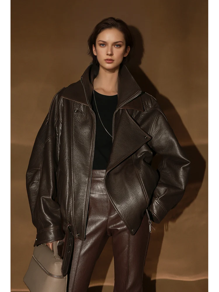 Vegetable-Tanned Goatskin Leather Jacket for Women – Double-Layer Genuine Leather Moto Coat for Fall Winter - Image 3