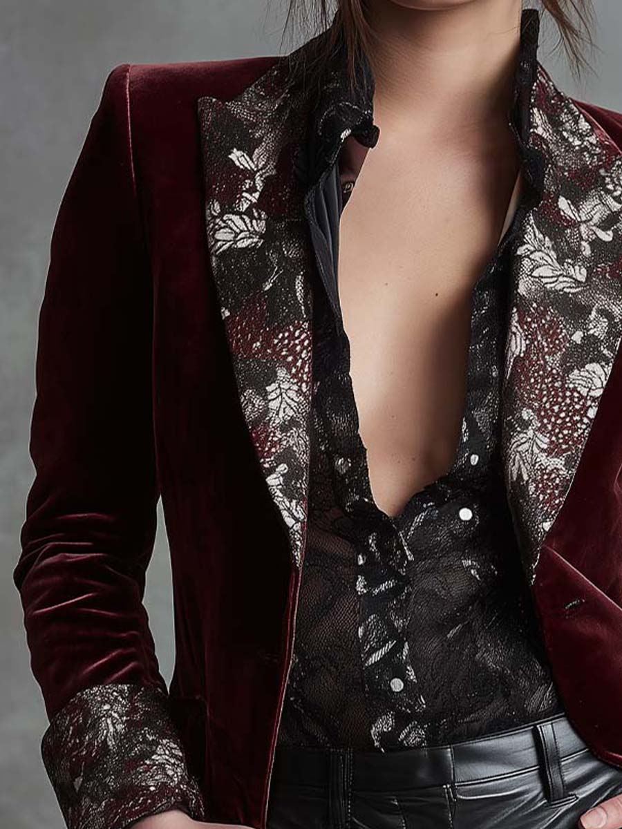 Velvet Blazer With Snake-Floral Print Lapels - Image 2