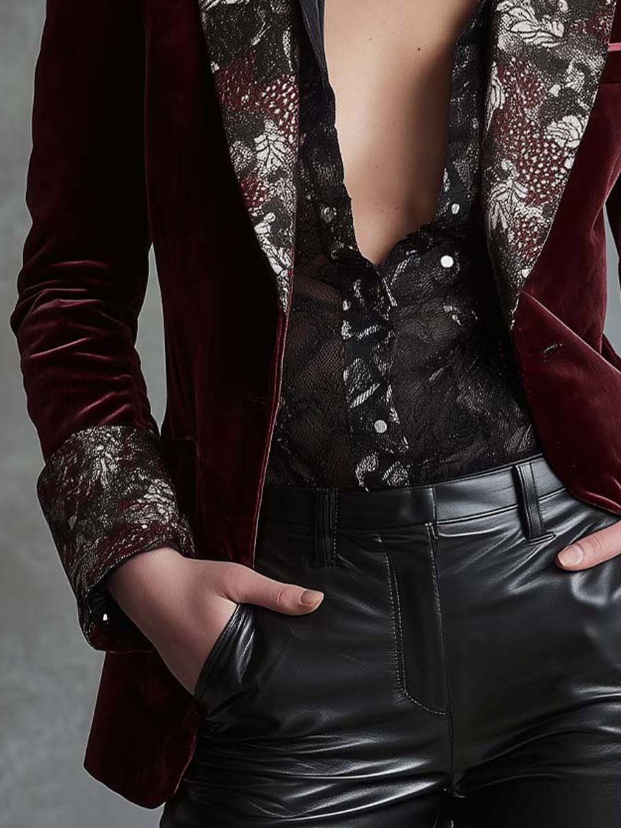 Velvet Blazer With Snake-Floral Print Lapels - Image 4