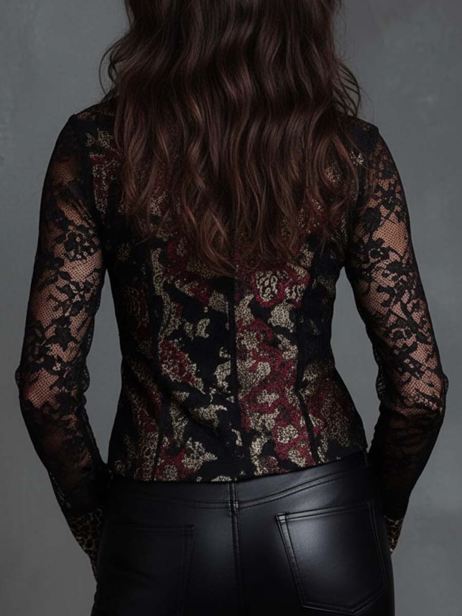 Velvet Floral Print Lace Blouse - Image 3