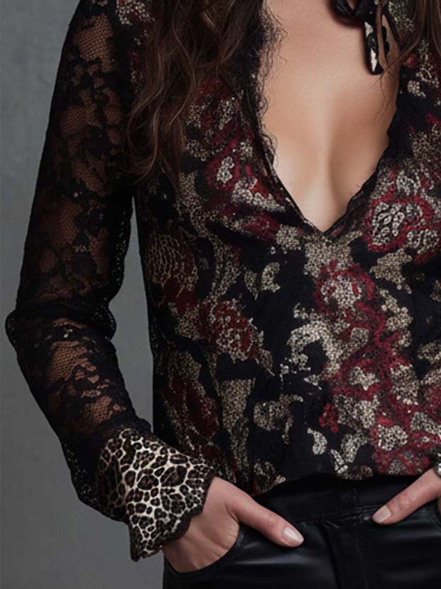 Velvet Floral Print Lace Blouse - Image 5