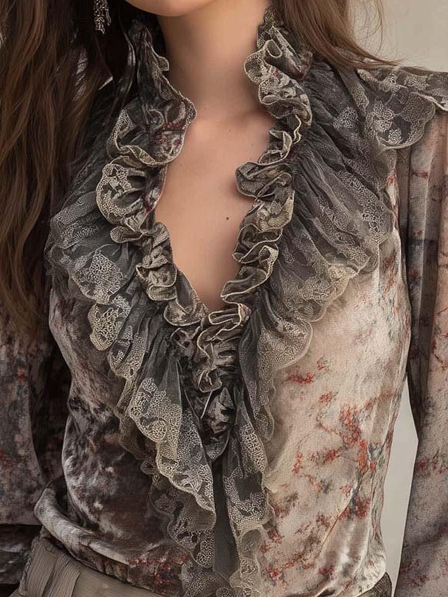 Velvet Floral Print Ruffled Blouse - Image 2