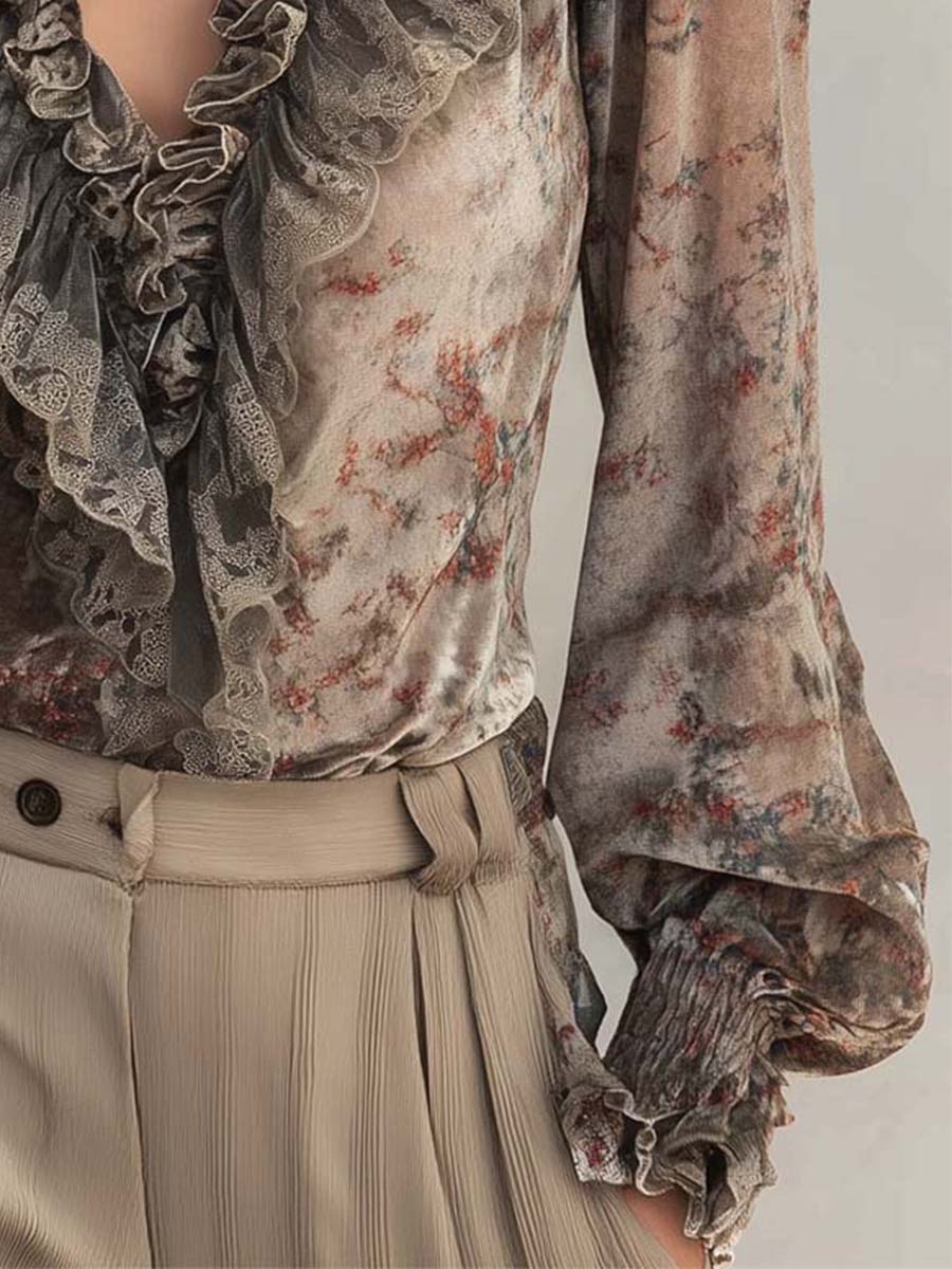 Velvet Floral Print Ruffled Blouse - Image 3