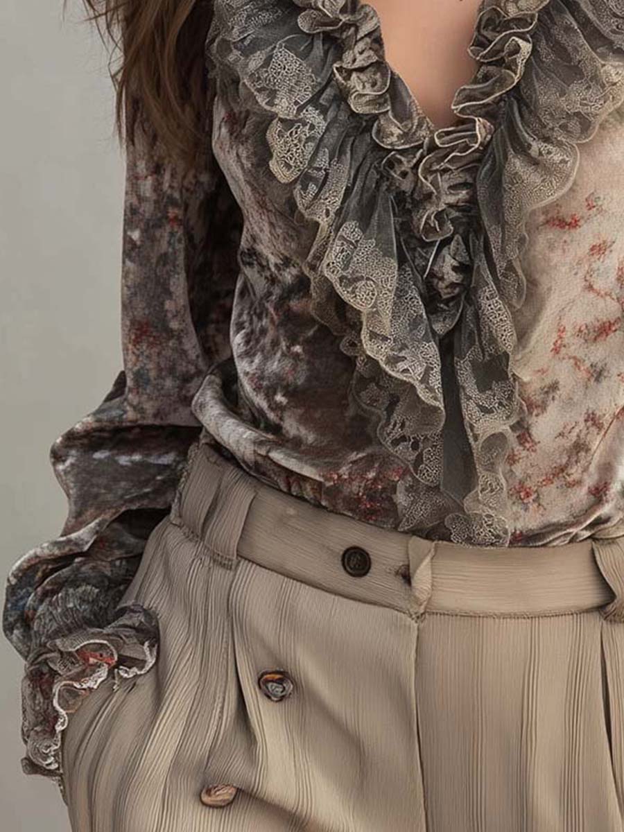 Velvet Floral Print Ruffled Blouse - Image 4