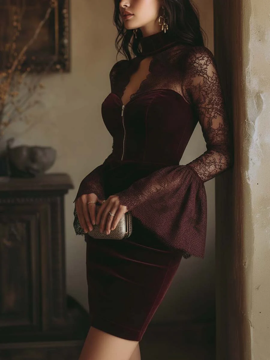 Velvet & Lace Bodycon Mini Dress In Burgundy - Image 2