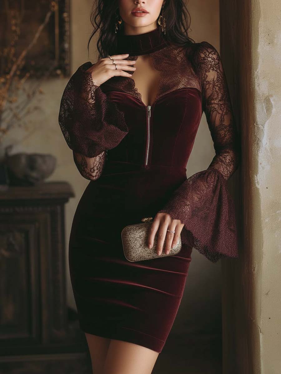 Velvet & Lace Bodycon Mini Dress In Burgundy - Image 3