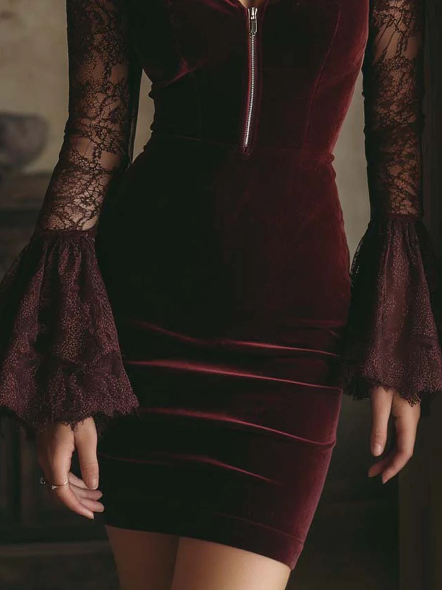 Velvet & Lace Bodycon Mini Dress In Burgundy - Image 5