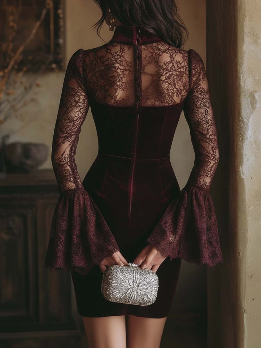 Velvet & Lace Bodycon Mini Dress In Burgundy - Image 6