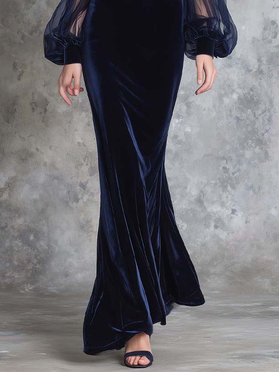 Velvet Maxi Dress With Sheer Puff Sleeves - Image 3
