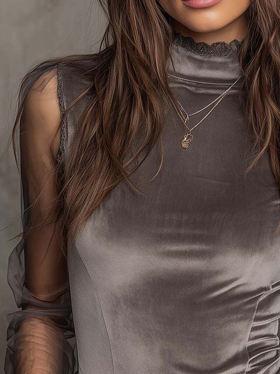 Velvet Mesh Panel High-Neck Top â Graphite Grey - Image 2