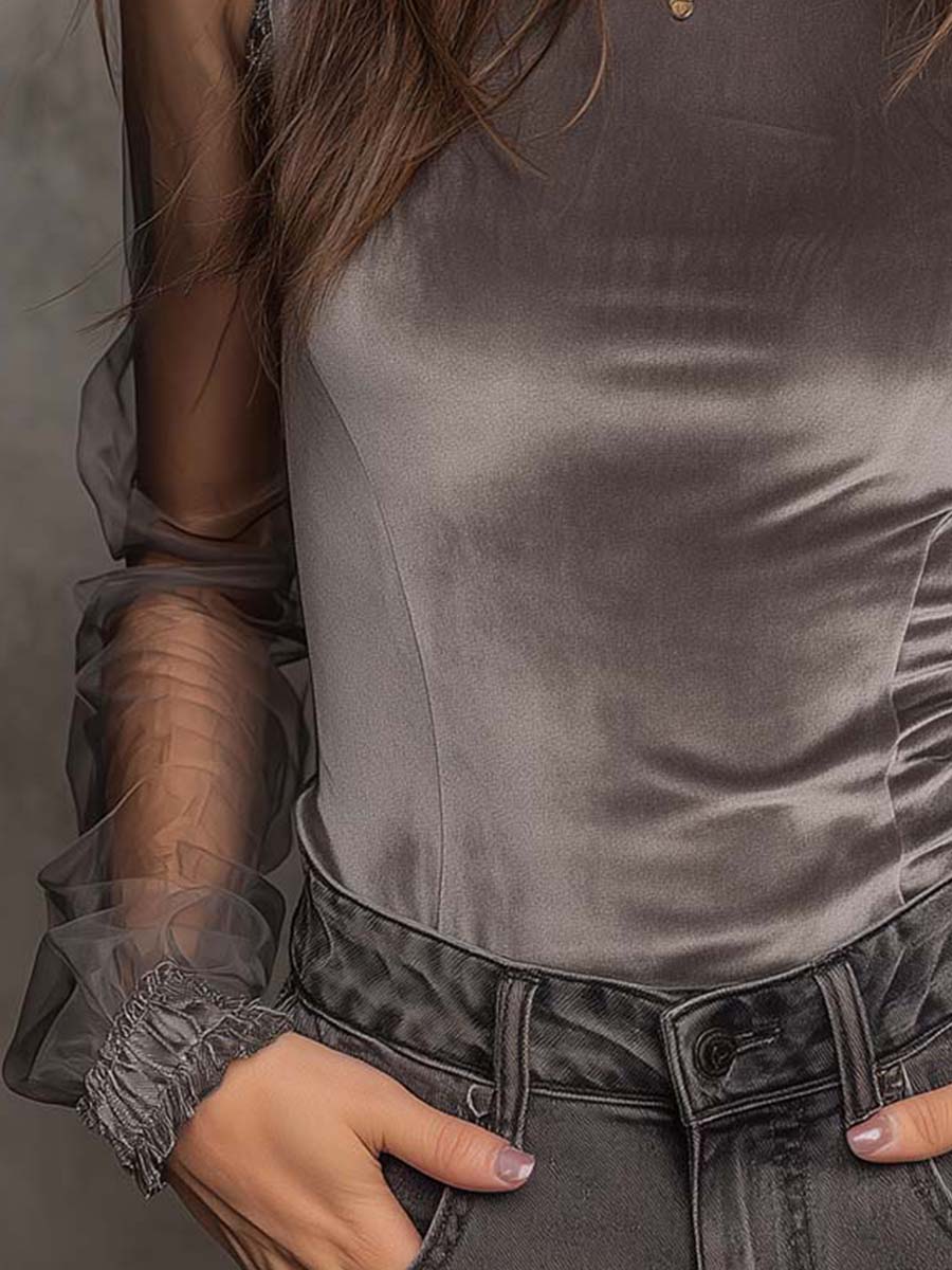 Velvet Mesh Panel High-Neck Top â Graphite Grey - Image 3