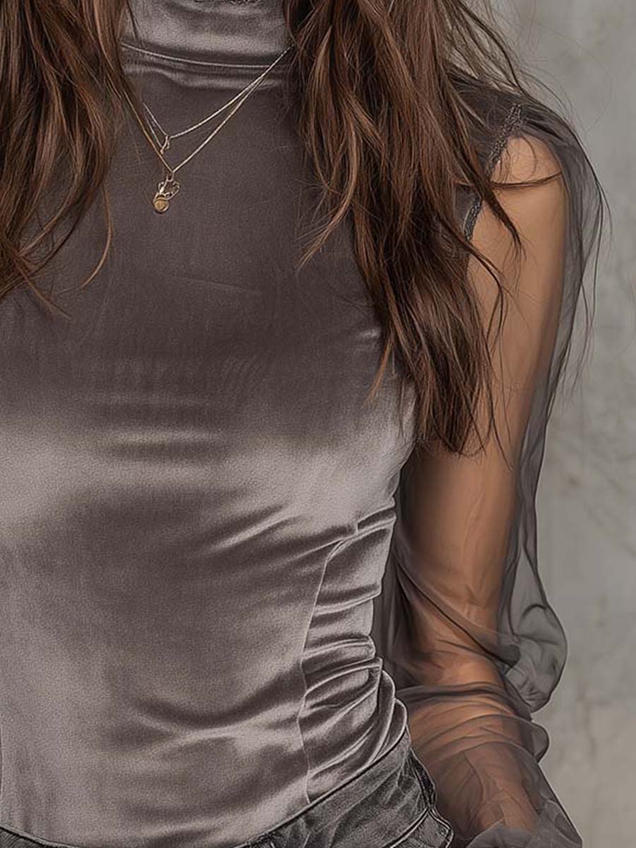 Velvet Mesh Panel High-Neck Top â Graphite Grey - Image 4