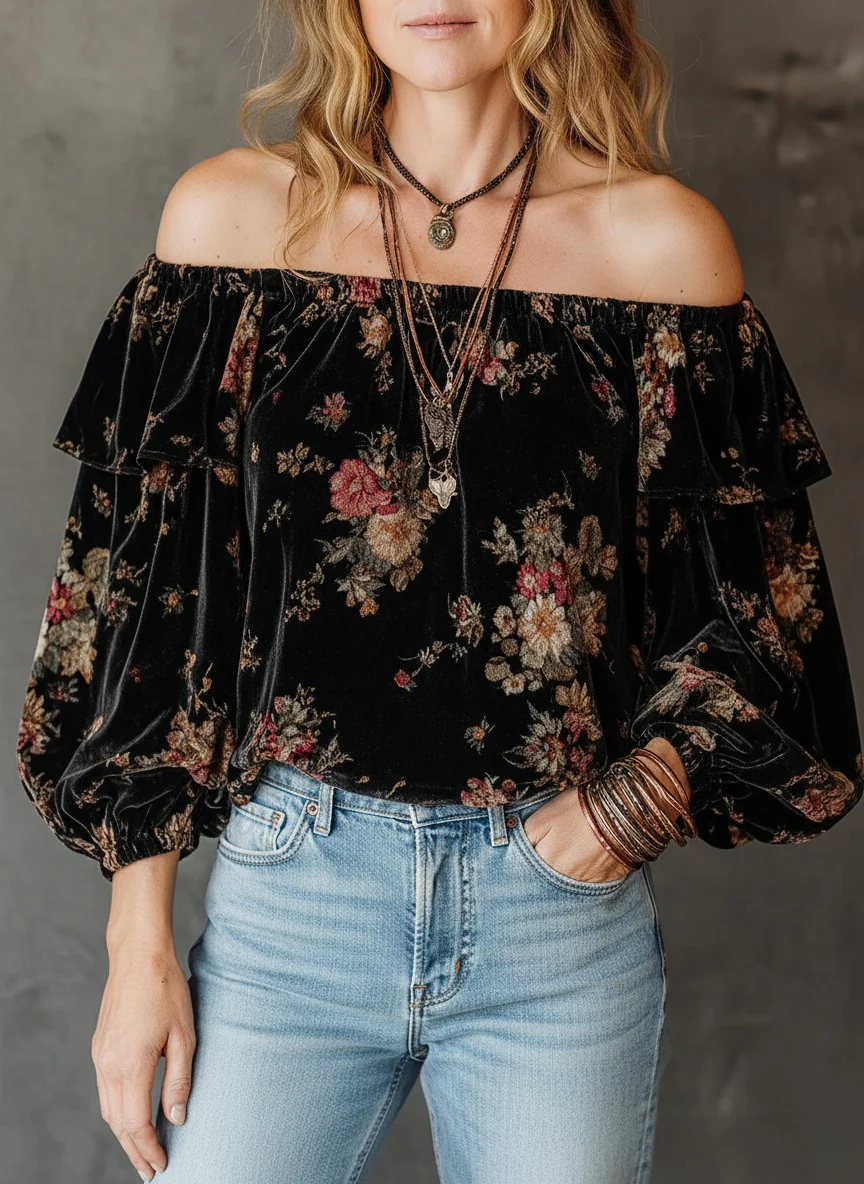 Velvet Off-Shoulder Floral Balloon Sleeves Blouse