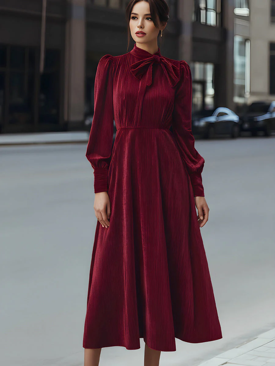 Velvet Pleated Bow-Neck Midi Dress - Image 2