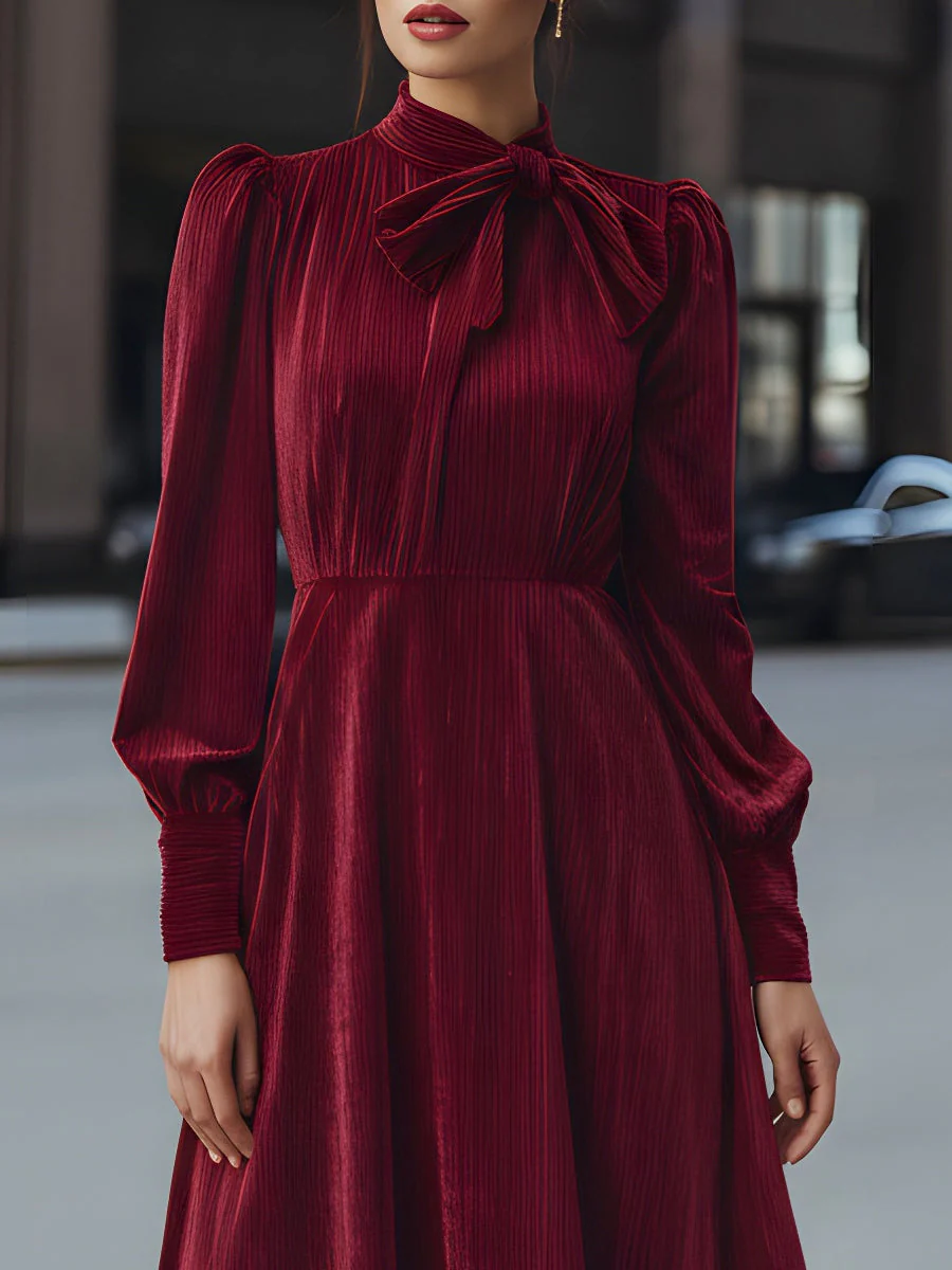 Velvet Pleated Bow-Neck Midi Dress - Image 3