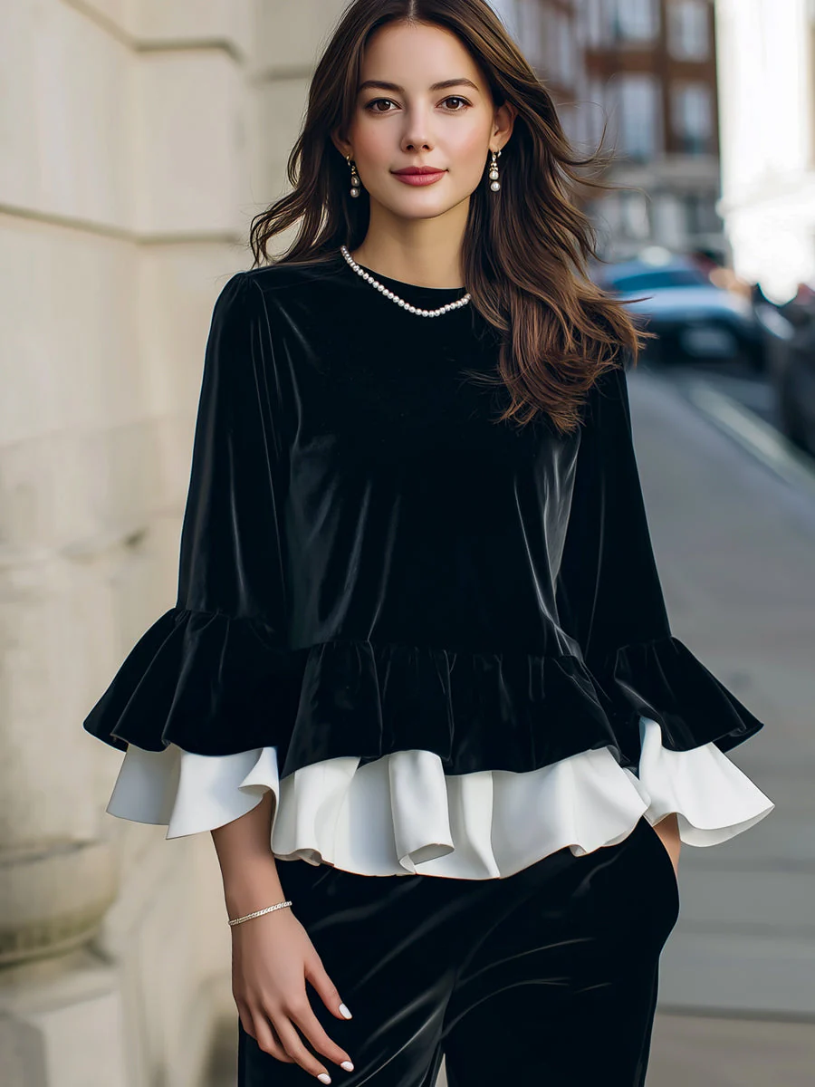 Velvet Ruffle Hem Blouse With Contrast Layered Flounces - Image 2