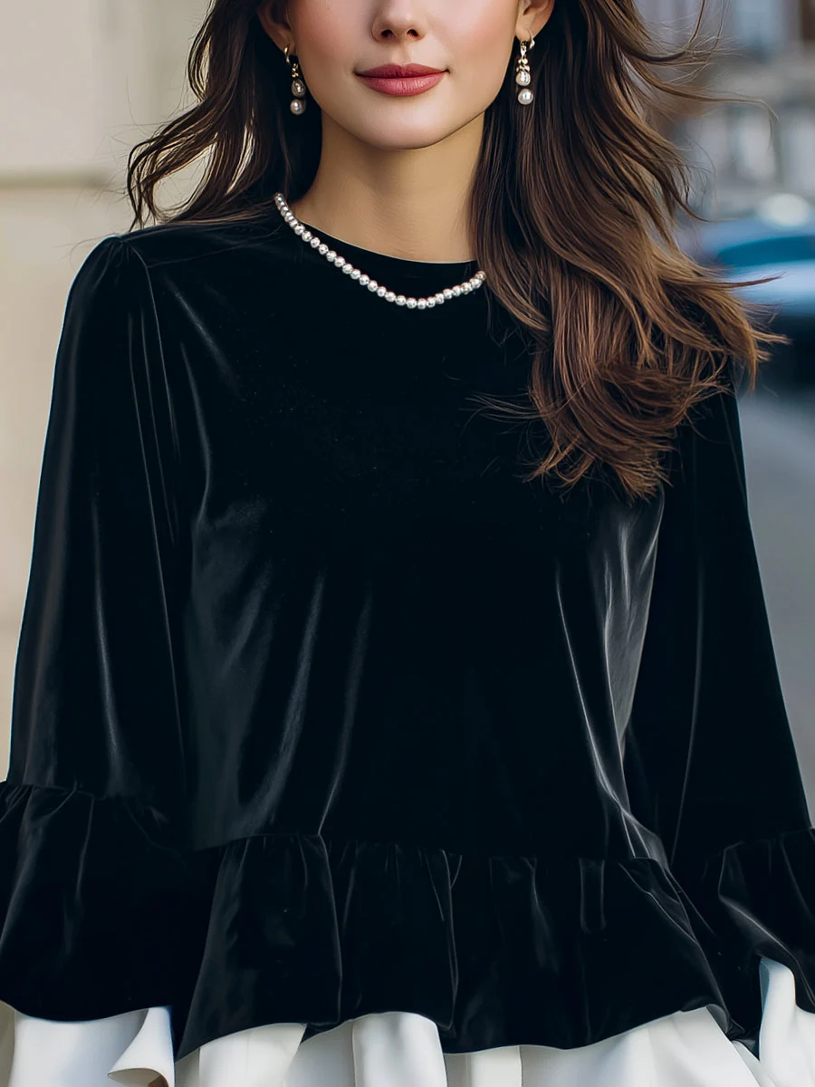 Velvet Ruffle Hem Blouse With Contrast Layered Flounces - Image 3