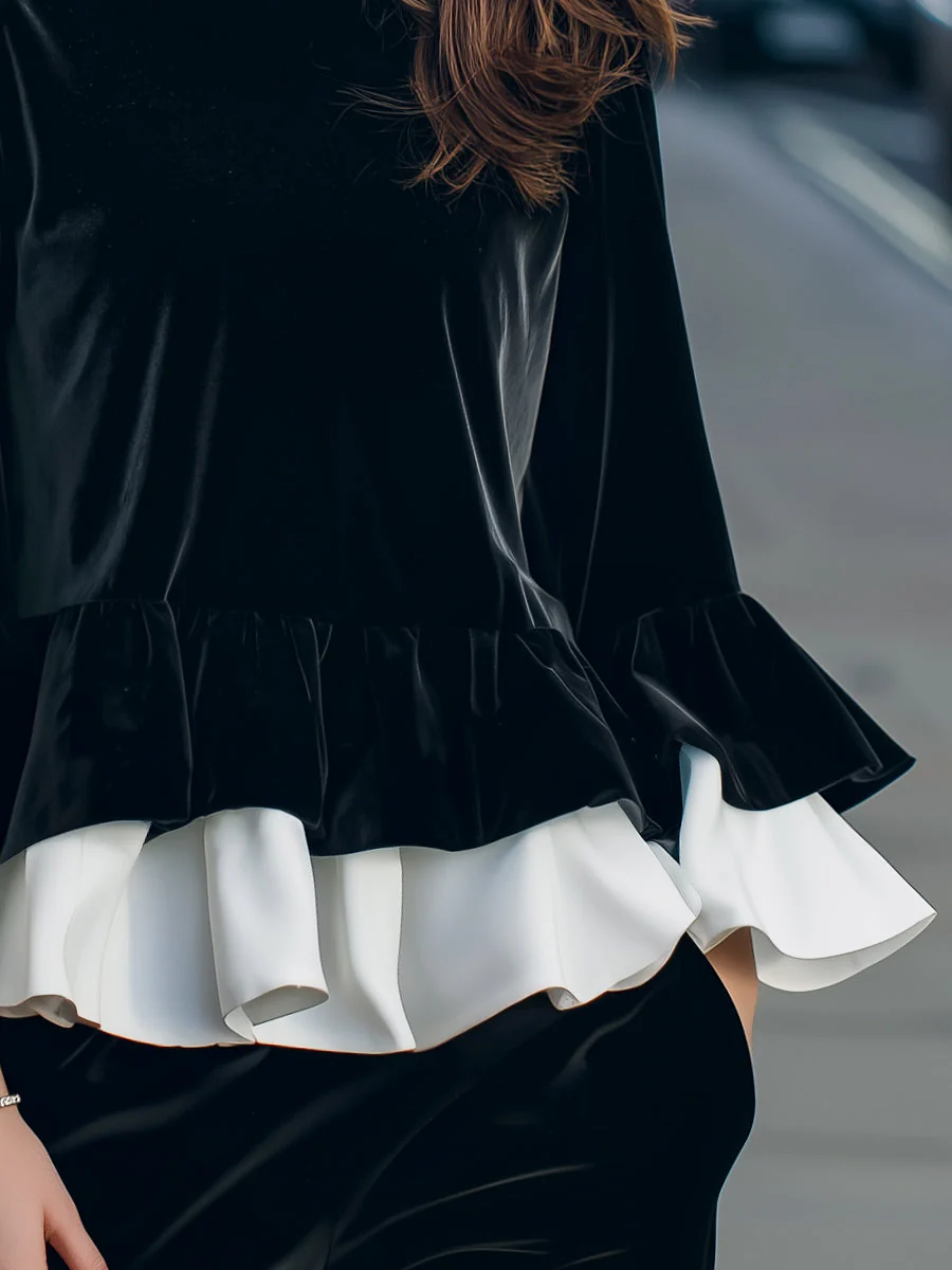Velvet Ruffle Hem Blouse With Contrast Layered Flounces - Image 4