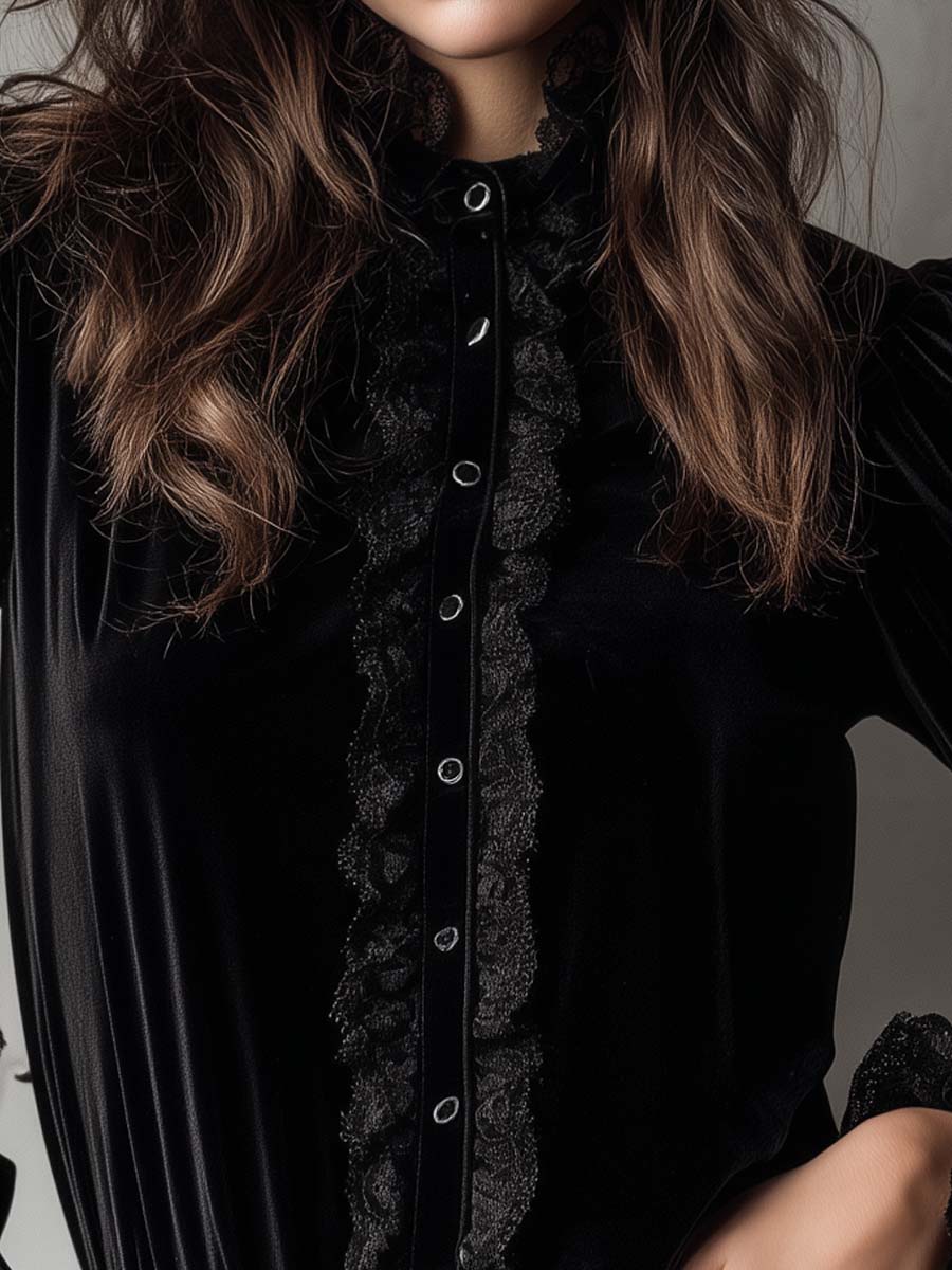 Velvet Ruffle Lace Blouse With Puff Sleeves - Image 3