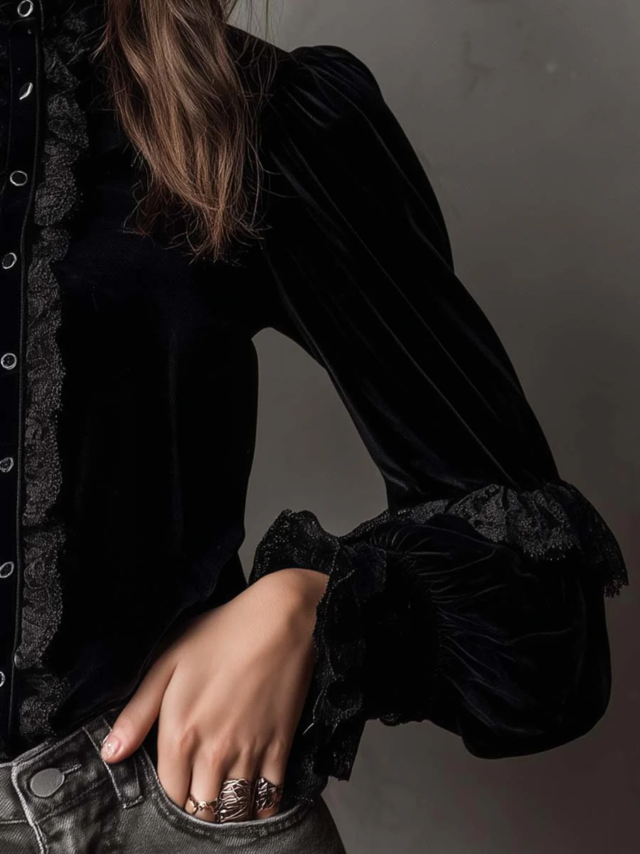 Velvet Ruffle Lace Blouse With Puff Sleeves - Image 4